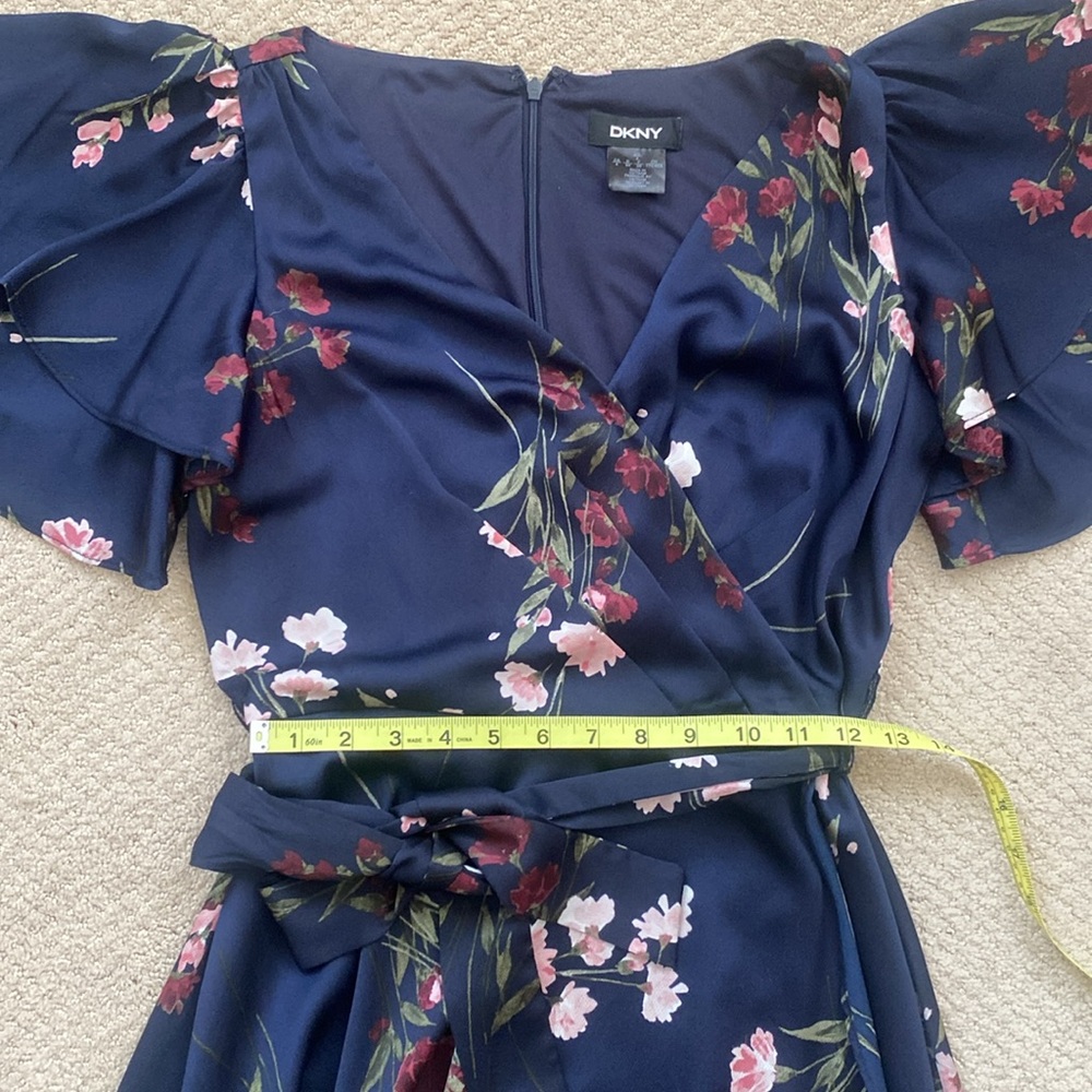 DKNY Midi Floral Dress Size 4 Flutter Sleeve Tie Waist Navy Easter Garden Party - Picture 5 of 15